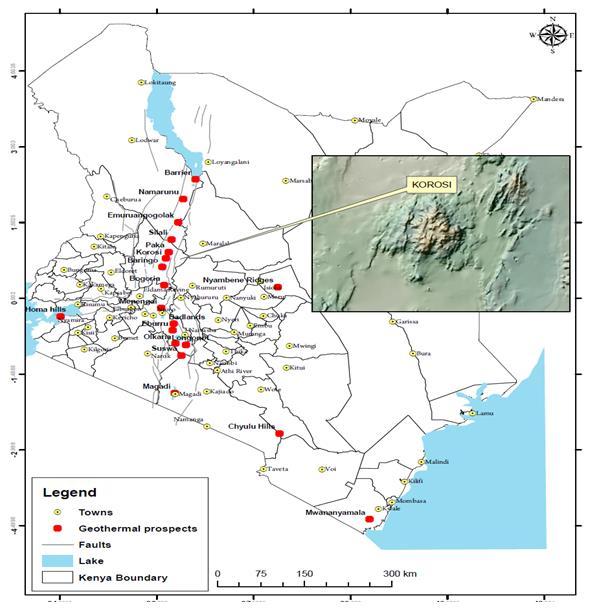 Figure 1: Map of Kenya geothermal resources areas with inset Korosi
