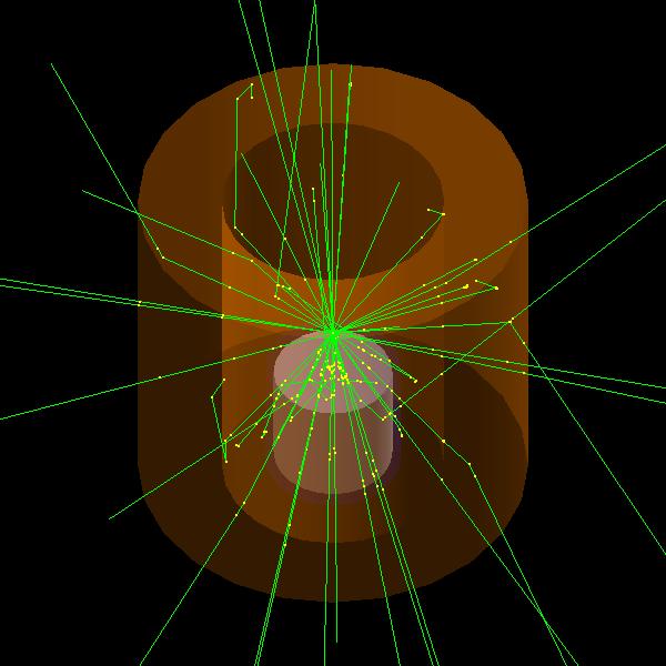 FIG. 4. Render of the simulation geometry with tracks of 50 primary particles shown. The NaI shell is orange; the HPGe crystal is the smaller grey cylinder within. Not visible is its housing. 3.2.