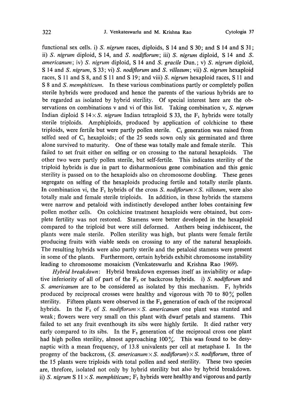 322 J. Venkateswarlu and M. Krishna Rao Cytologia 37 functional sex cells. i) S. nigrum races, diploids, S 14 and S 30; and S 14 and S 31; ii) S. nigrum diploid, S 14, and S. nodiflorum; iii) S.