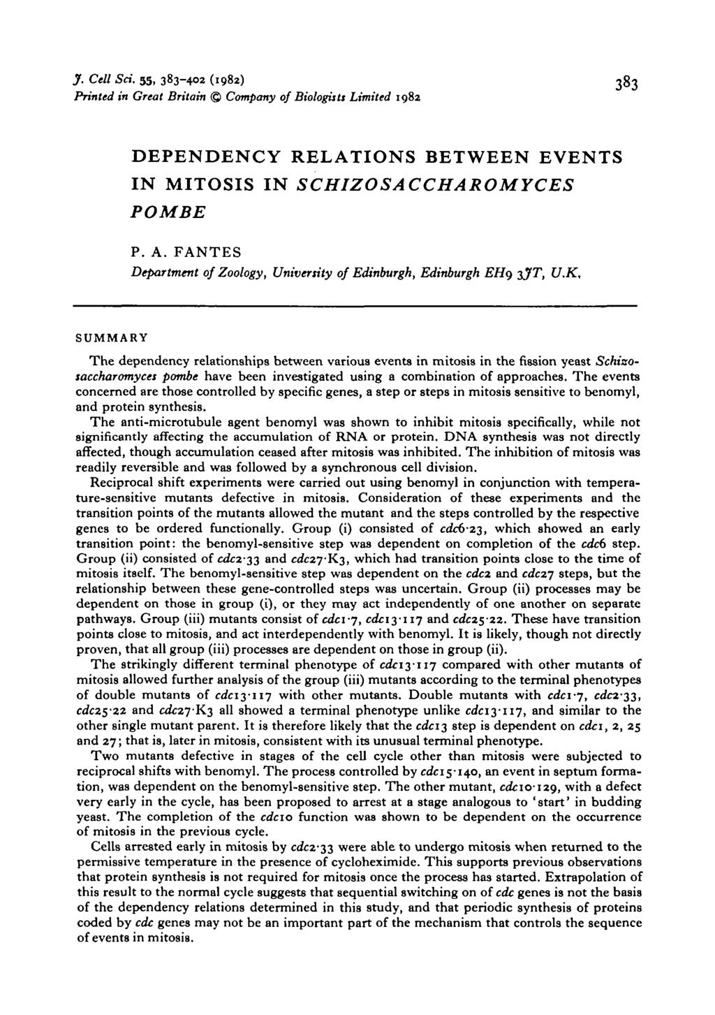 J. Cell Set. 55, 383-402 (1982) 383 Printed in Great Britain Company of Biologists Limited 1982 DEPENDENCY RELATIONS BETWEEN EVENTS IN MITOSIS IN SCHIZOSACCHAROMYCES POMBE P. A.