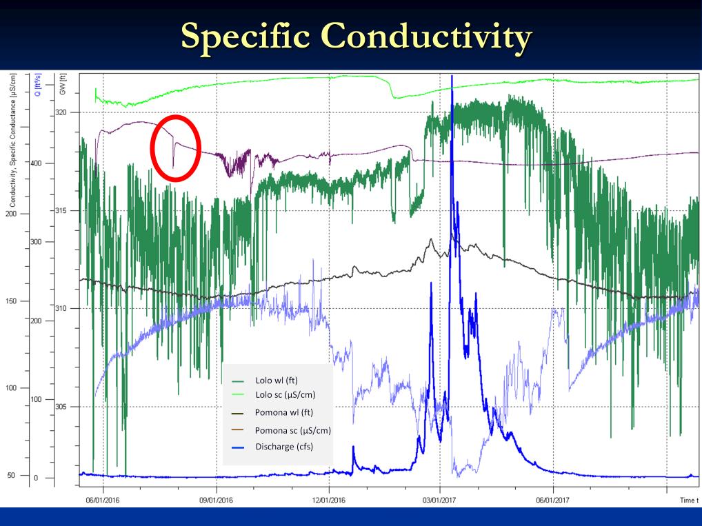 In mid-2016 installed low conductivity loggers in observation wells and stream. Stream sc makes sense heavy rainfall results in high discharge and lowers conductance of stream.
