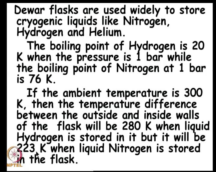 (Refer Slide Time: 04:51) So, just to recap, Dewar flasks are used to store cryogenic fluids like nitrogen, hydrogen and helium.