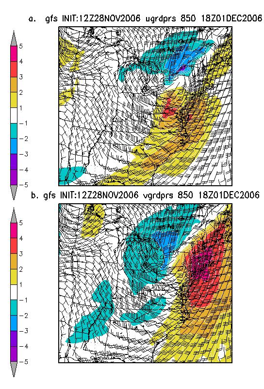 Figure 4. GFS initialized at 1200 UTC 28 November 2006 showing 850 hpa winds (kts) and a) u-wind anomalies (shaded) and b) v-wind anomalies.