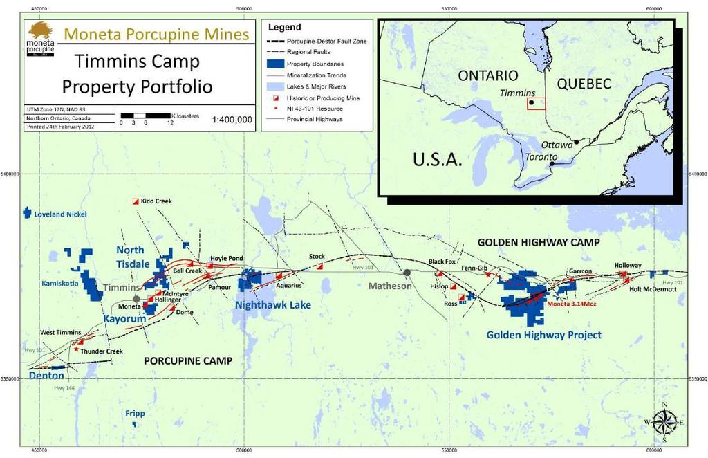 Timmins Camp: A Regional Perspective Moneta owns 100% of five strategic projects in the