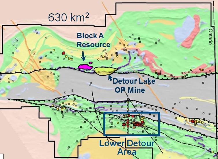 Lower Detour Deformation Zone Prospective Terrain extends for over 40 km west of
