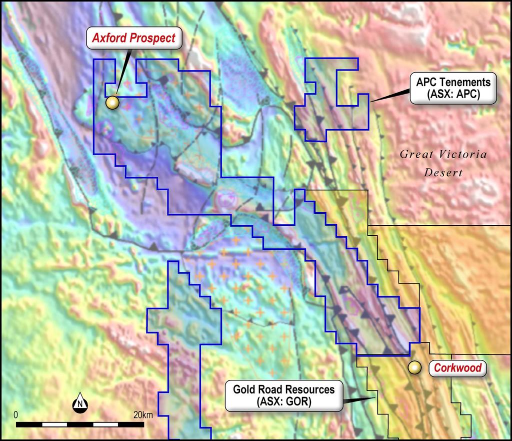 Technical Summary In June and August 2017, adjoining tenement neighbour Gold Road Resources (ASX: GOR) released outstanding gold results, 2km south-east of APC s tenement holding, including 10m @ 28.