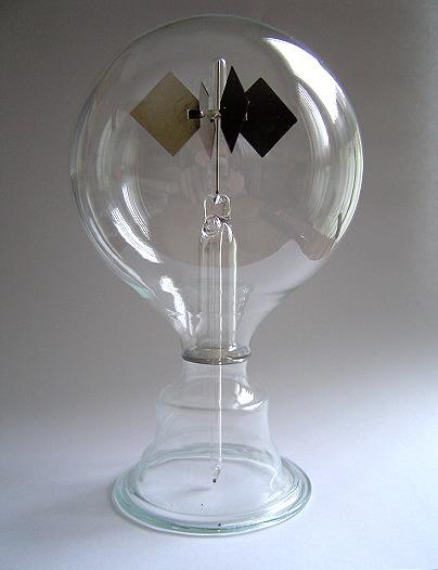 Light Mill (Crookes radiometer) airtight glass bulb, containing a partial vacuum vanes mounted on a spindle (one side black, one silver) vanes rotate when exposed to light This is NOT caused by