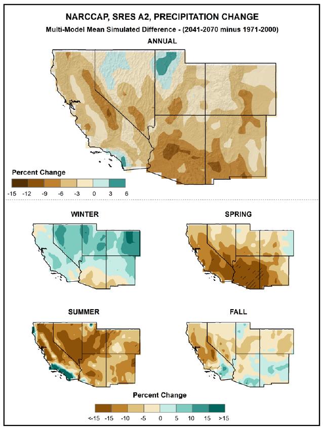Figure 9. Projected annual and seasonal precipitation change. Maps show projected change in precipitation for mid century (2040 2070) relative to the later part of the last century (1971 2000).