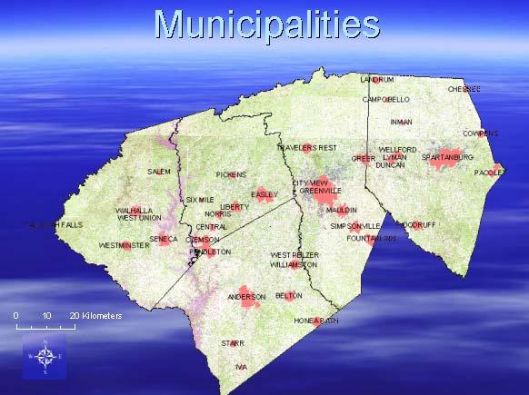 MUNICIPALITIES Major municipalities in the study area are shown below: Greenville, with a population of around 56,000, is the largest city within the study area.