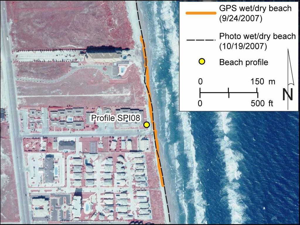 Figure 10. Shoreline position comparison at South Padre Island site SPI08 (fig. 3).