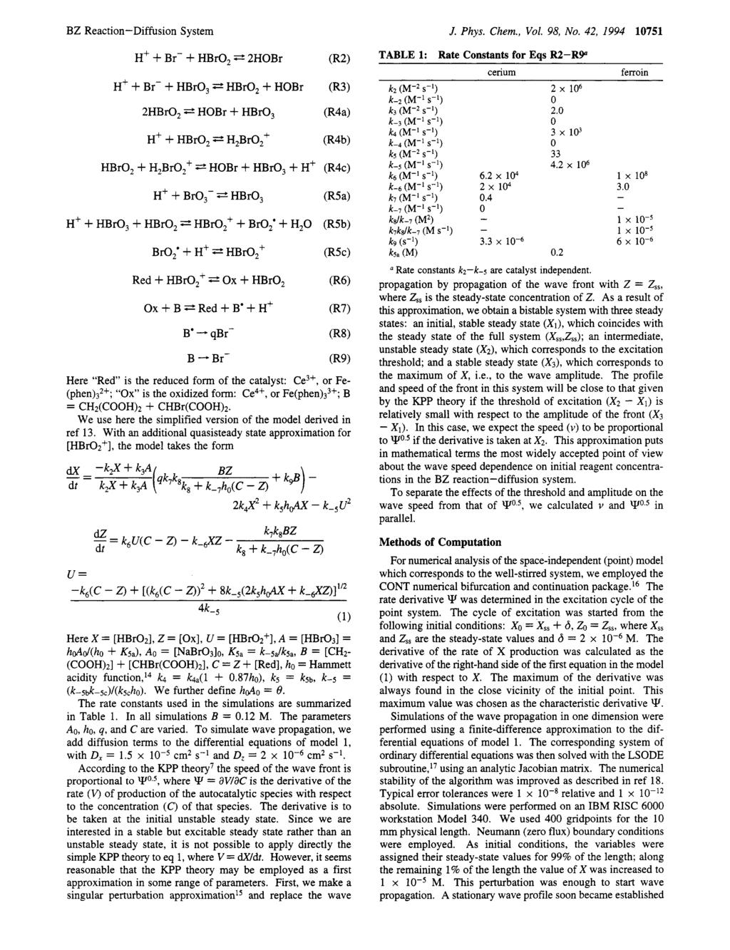 BZ Reaction-Diffusion System J. Phys. Chem., Vol. 98, No.