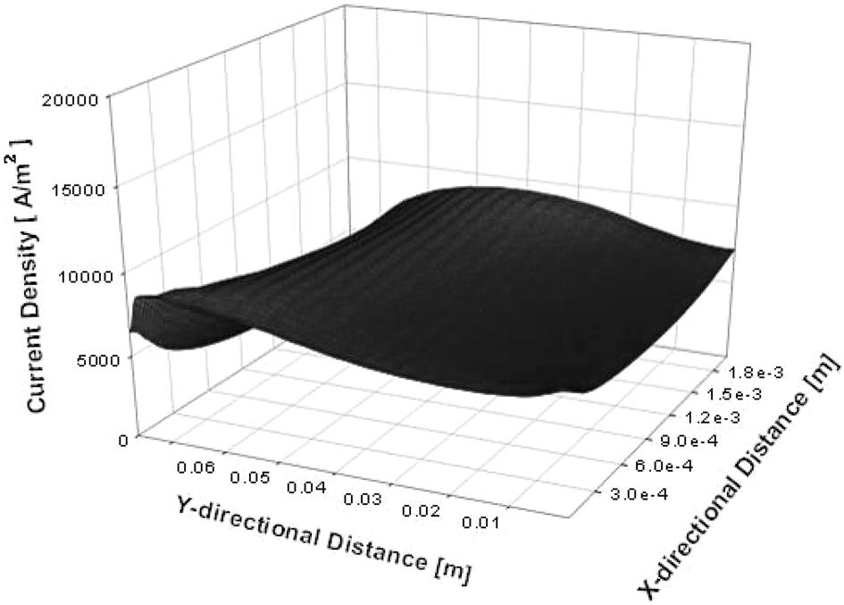 Current density distribution when the BP permeability is 10 10 m 2. Figure 10 shows the pathways of hydrogen and oxygen from the flow channel/bipolar plate to the gas diffusion layer.
