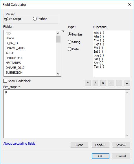 12. Now that we have all non 0 fields selected, right click on Per_Crops field again and go to Field Calculator. The expression should still be there, so click OK to run the calculation again.