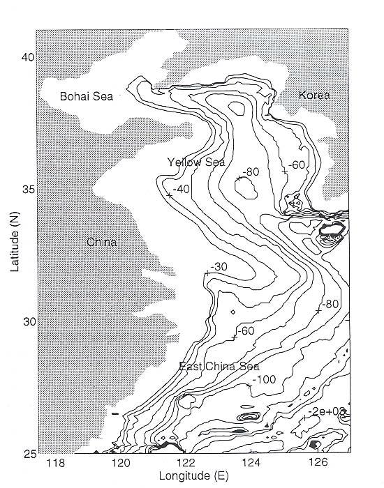 Yellow Sea Bottom Topography Water depth in most of the region is less than