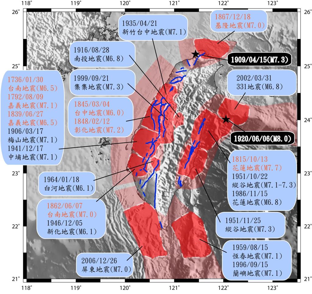 Damaging Earthquakes in Taiwan since 1700s M>7 inland earthquake ~ every 100 years