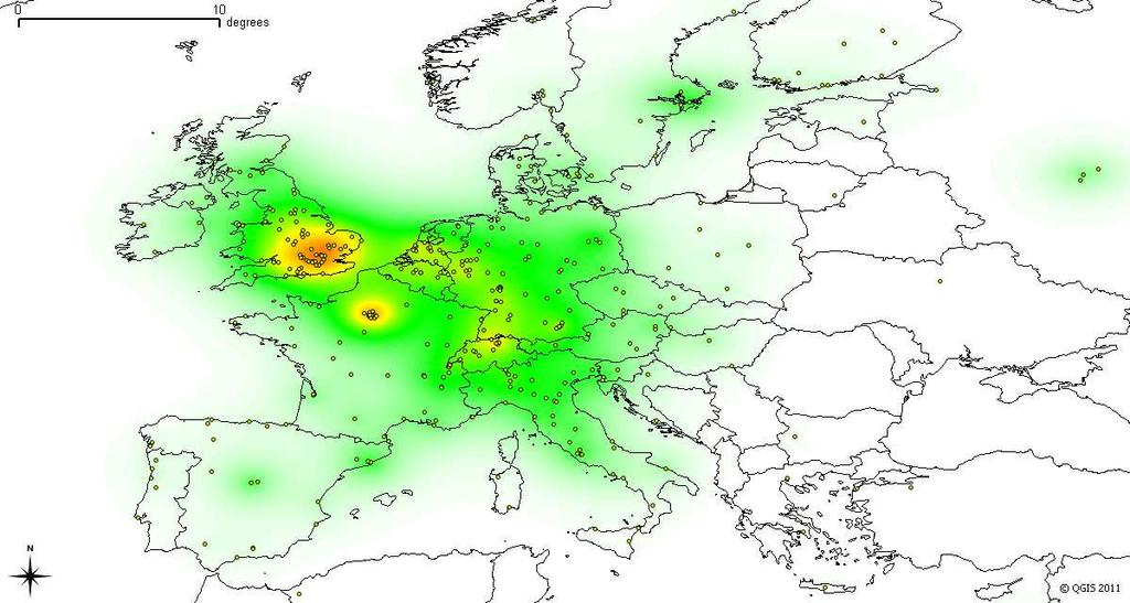 Figure 4. Density map of authors in Europe having published Nature or Science articles in 2009 (searched in Web of Science).