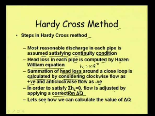 (Refer Slide Time: 25:21) Then, let us see what is Hardy Cross method, which is widely used, and which is very popular till today.