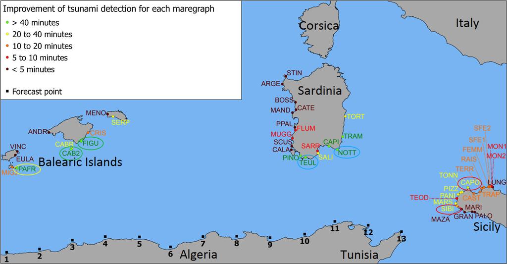 Vol. 172, (2015) Implementation and Challenges of the Tsunami Warning 827 Figure 3 Western Mediterranean map with proposed tide-gage sites (in harbors/ports) and forecast points on the north African