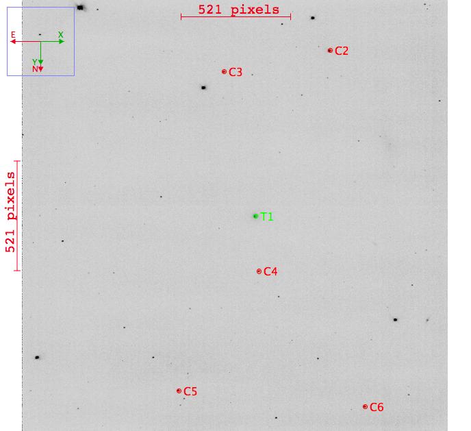 2.4 Photometry 19 Figure 2.2 A typical image from WMO in the Hα 10 filter after basic processing. NGC 5548 is marked in the middle (T1) and the numbered stars indicate the comparison stars.