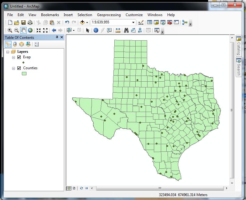 Note that the Table of Contents lists the layers corresponding to the two feature classes of the Texas feature dataset that you just added, while the Display Window displays the map with the