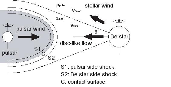 FIGURE 1. Schematic image of the binary system. The wind from the pulsar and the disc-like outflow from the Be star results in a region of pressure balance between the stars.