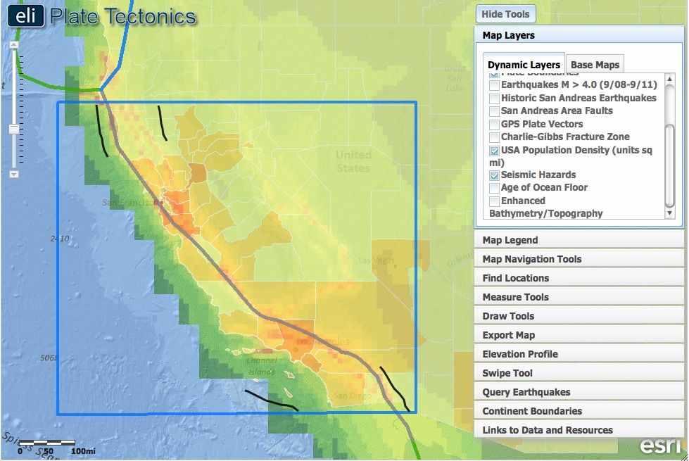 Tectonics Investigation 5: Teacher Guide 17 b. Next, students will compare the seismic hazard along the San Andreas Fault zone with the population density.