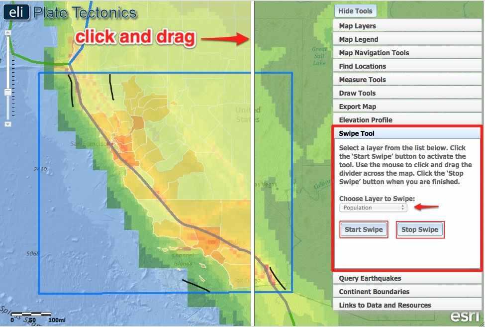 Tectonics Investigation 5: Teacher Guide 18 d. Students will use the Swipe Tool to compare the Population Density and Seismic Hazard. e.