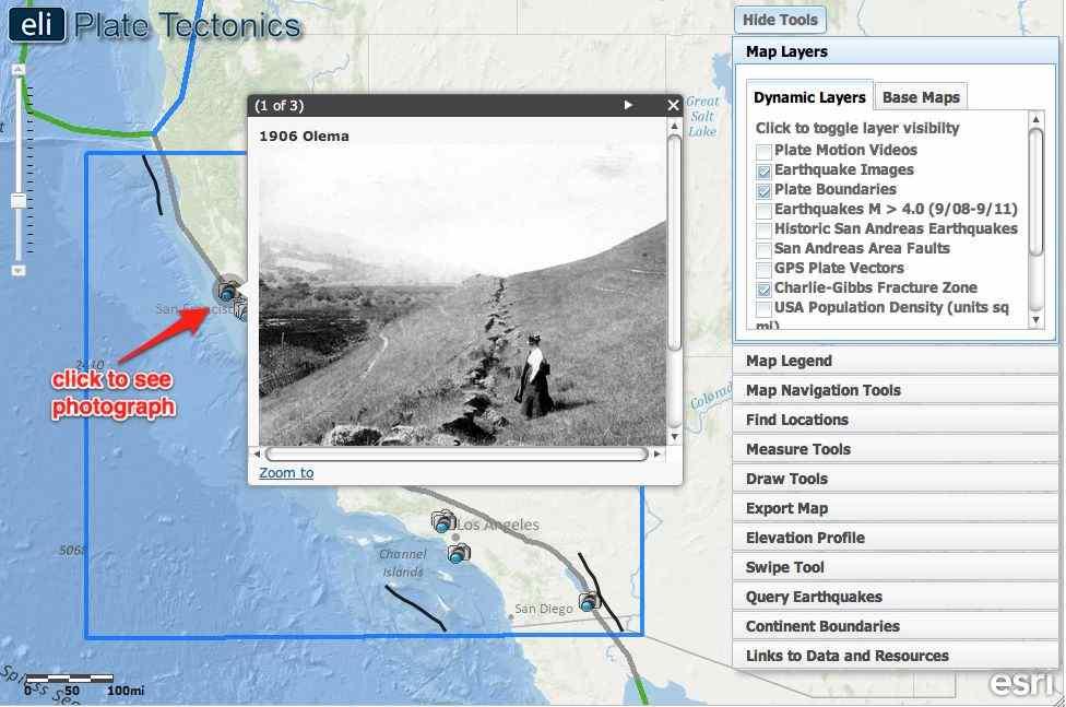Tectonics Investigation 5: Teacher Guide 19 k. In the final activity, students will explore seismic hazards by looking at historic photographs. l. Instruct student to click on the Map Layers tab in the toolbox menu.