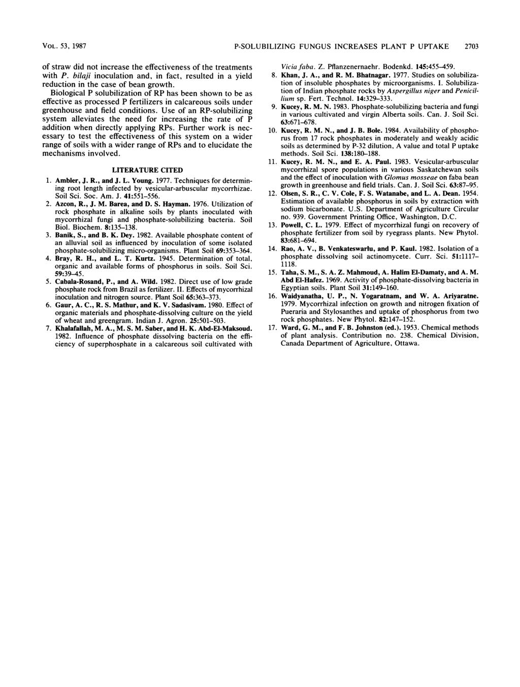 VOL. 53, 1987 P-SOLUBILIZING FUNGUS INCREASES PLANT P UPTAKE 2703 of straw did not increase the effectiveness of the treatments with P.