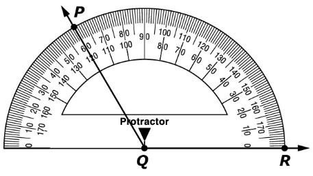 Example Stem: Use the diagram to solve the problem. The measure of DCE = 50. The measure of ECF = 40. The measure of FCG = 20. Example Stem: The protractor shows the measure of PQR.