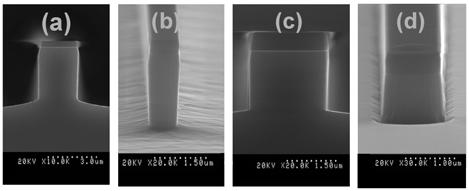 thermalized as illustrated by the SEM images of Figure 8. Moreover, at such a low pressure, the electrode temperature can be reduced from 190 C down to 130 C without changing the etching results.