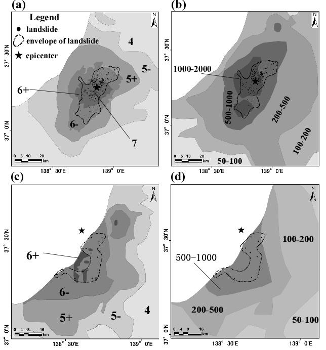 seismic intensity larger than 5-upper (5+ in Fig.3a), and more than 95% of landslides distributed in the area where the seismic intensity larger than 6-lower (6+ in Fig.3a). As showed in Fig.