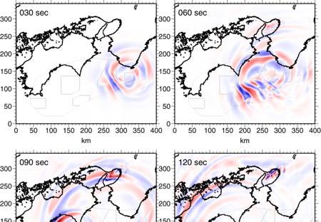 Figure 6 Distribution of the simulated maximum horizontal ground velocity in the Osaka basin.