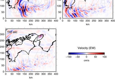 Tokachi-oki earthquake at Tomakomaoi port (black traces). Figure 5 Snapshots of the ground velocity for NS (top) and EW(bottom) components at 30 to 150 seconds after the rupture starting time.