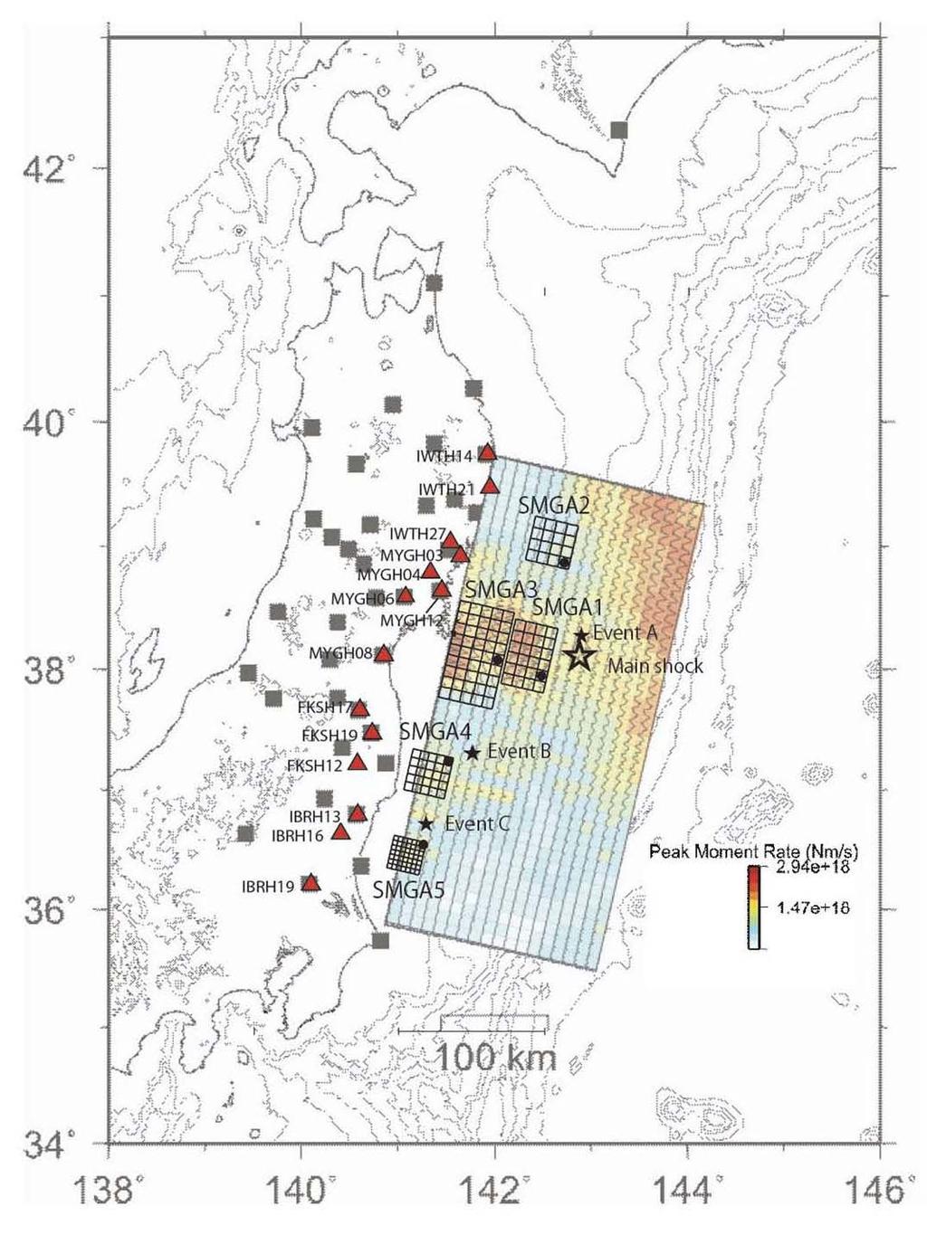 2005, was used for Asp5 (SMGA) and the data of the Mj6.4 earthquake that occurred off Miyagi Prefecture at 3:16 on March 10, 2011, (an aftershock of the March 9 event) was used for all others.