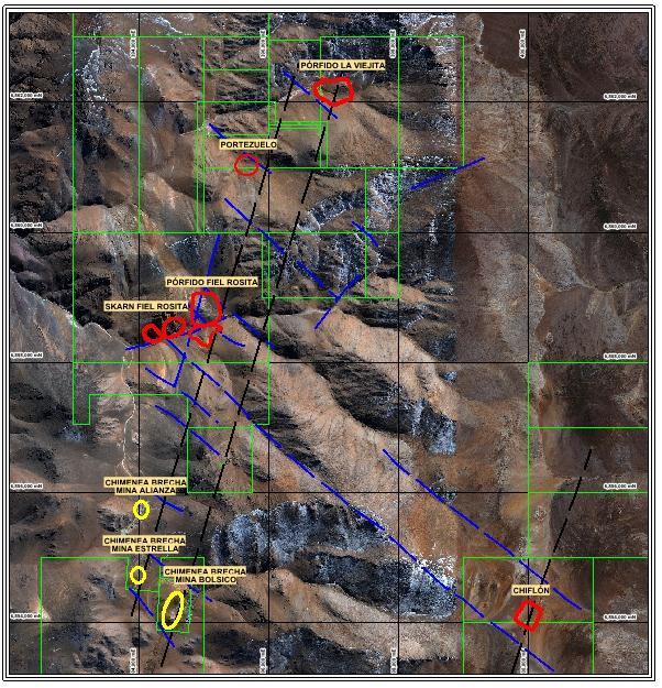 Project Fiel Rosita District Geology, geochemical sampling, magnetometry Zones of skarn, brecha and porphyries