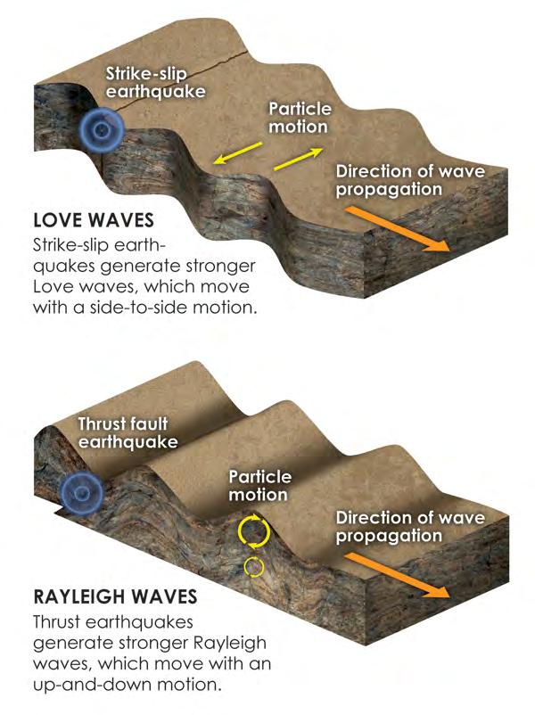 Figure 2. Diagram showing two types of surface waves: Love and Rayleigh waves, their direction of propagation, and their particle motion (Cantner, 2014).