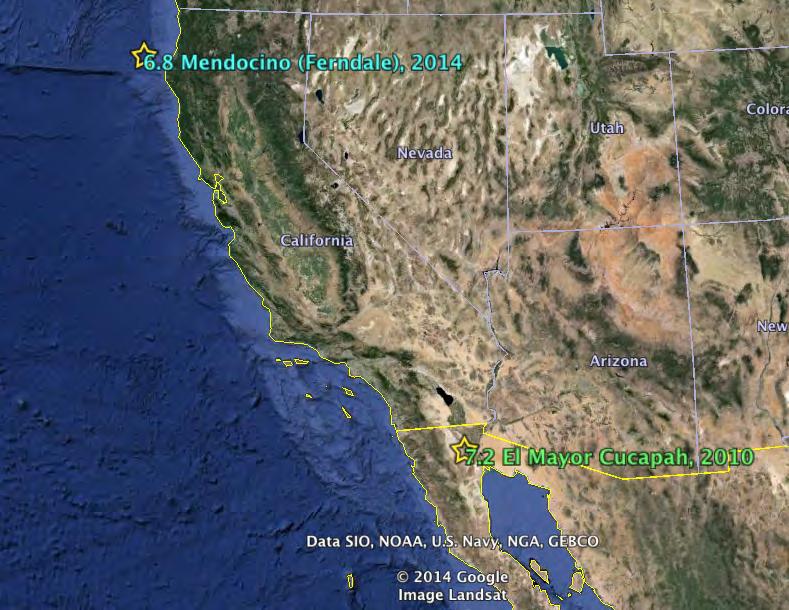 Figure 5. Epicentral locations of the magnitude 6.8 Mendocino and magnitude 7.2 El Mayor earthquakes (map generated with GoogleEarth).