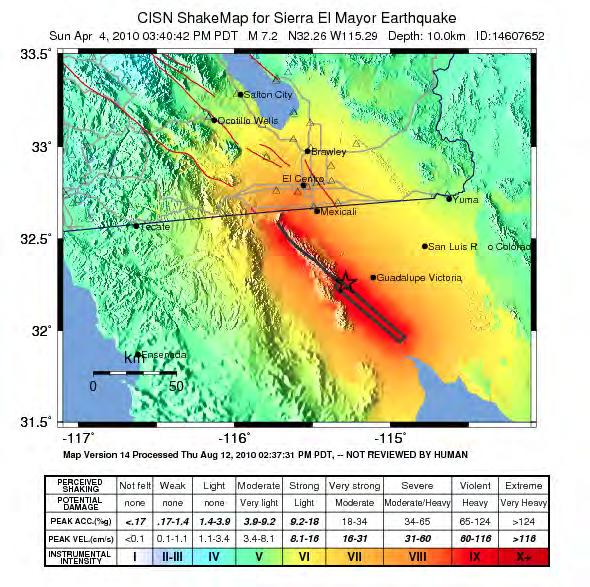 Figure 6. Shake Map of the El Mayor Cucapah magnitude 7.2 earthquake (USGS, 2010). The star shows the epicenter of the earthquake.