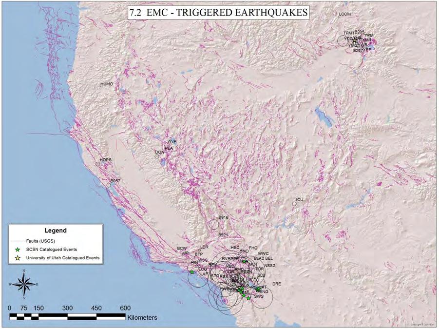 Figure 24. Map of Western North America, showing circles representing locations of possible epicenters for triggered earthquakes calculated for EMC.