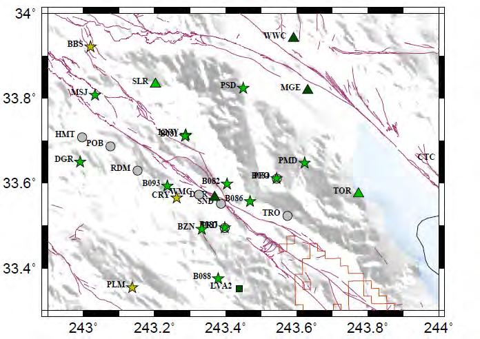 Figure 30. Stations studied along the San Jacinto fault for EMC.
