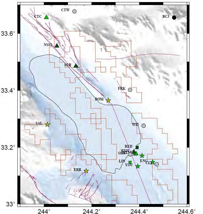 Figure 33. Stations studied in the Salton Sea area for EMC. Numerous stations in this area showed evidence of triggered tremor and triggered earthquakes.