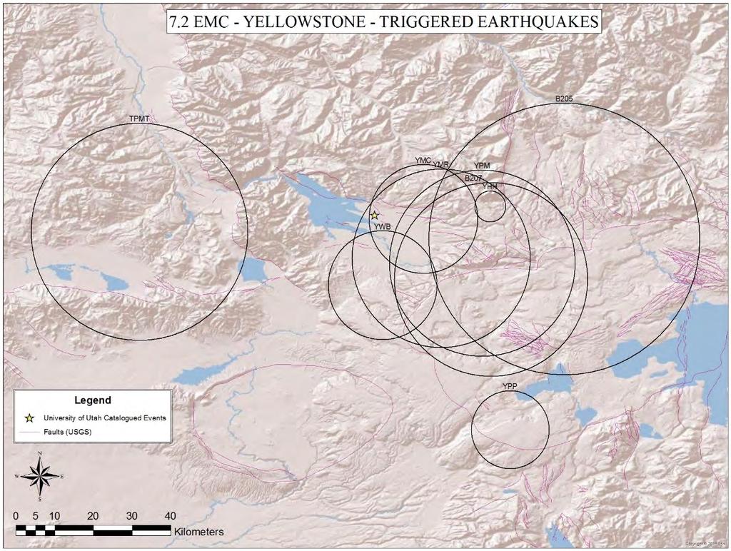 Figure 39. Map of the Yellowstone area, showing circles representing locations of possible epicenters for triggered earthquakes calculated for EMC.