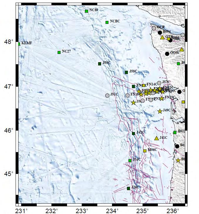 Figure 41. Stations studied offshore during NCE. Several OBS stations showed evidence of triggered tremor.