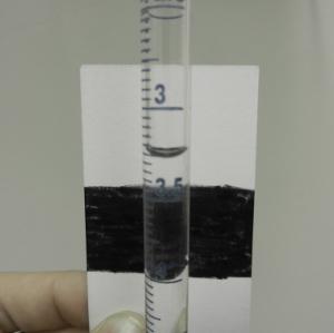 These photos are of the 10mL burette; the 25 ml burette will have fewer gradations. Please take a look at your burette and determine the values for the gradations (lines). Figure 9.