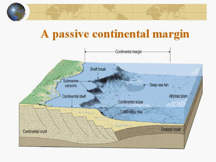 Continental Margins Continental Shelf Submerged part of the continent Gently sloping (less than 1 ) Up to 1500 km wide; averages 80 km wide Locally cut by canyons