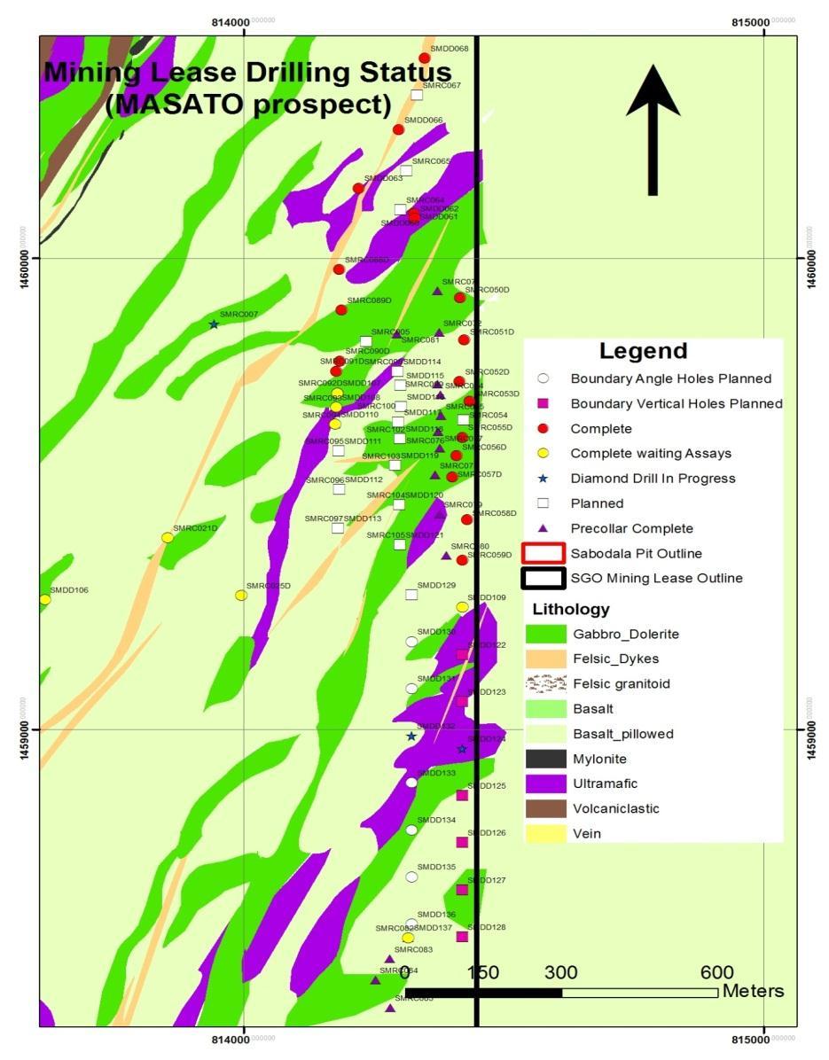 MINE LICENSE EXPLORATION MASATO Outcrops on neighbour s property ~ 2 kilometres from the mill 6,100 metres drill in Sept.