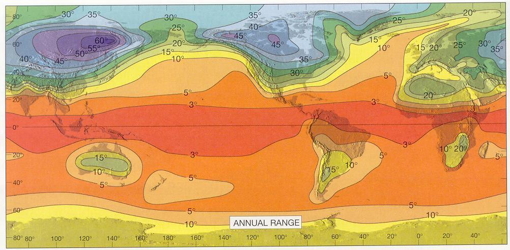 Global Annual Temperature Ranges Notice the lower latitudes have smaller ranges (see notes