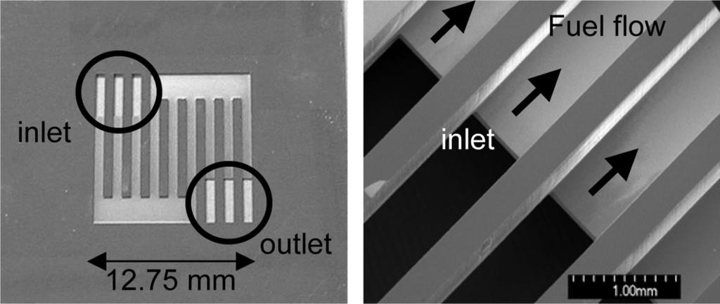 A problem emerging in Si-based micro DMFCs is that the silicon substrate is too fragile and it becomes difficult to compress the cell tightly for sealing and to reduce the contact resistance between