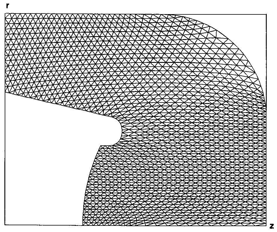 FIG. 1. Example of a conformal triangular mesh with variable resolution matched to electrode surfaces.